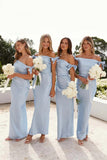 Off-Shoulder Sheath Pleated Satin Light Blue Bridesmaid Dress BD136-Pgmdress