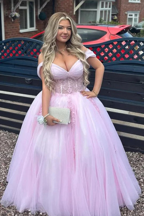 Off Shoulder Appliques Tulle Plus Size Pink Long Prom Dress PSK700 US16 / Custom Color Off Shoulder Appliques Tulle Plus Size Pink Long Prom Dress PSK700 US16 / Custom Color