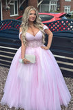 Robe de bal longue rose grande taille en tulle avec épaules dénudées et appliques PSK700