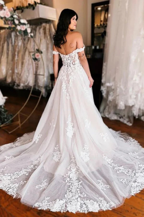 Off Shoulder Elegant Wedding Dress Boho Wedding Dress With Slit  WD735-Pgmdress