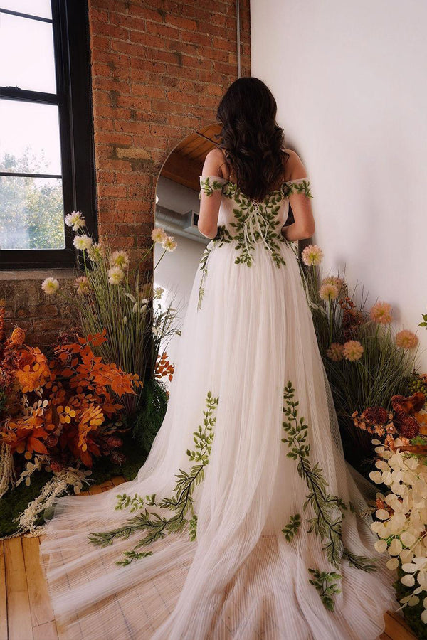 Off Shoulder Green Lace Forest Fairy Wedding Dress Bridal Gown-Pgmdress