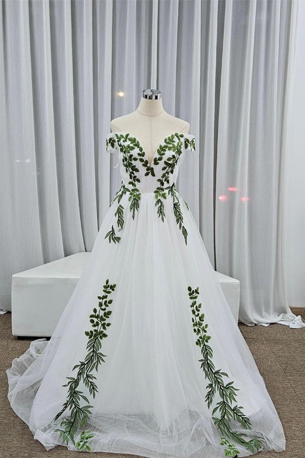 Off Shoulder Green Lace Forest Fairy Wedding Dress Bridal Gown-Pgmdress