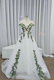Off Shoulder Green Lace Forest Fairy Wedding Dress Bridal Gown-Pgmdress