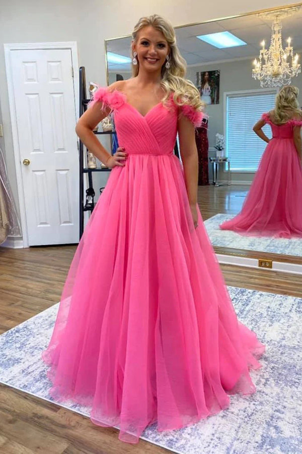 Off Shoulder Hot Pink Tulle Prom Dresses with 3D Flowers PSK534 US2 / Hot Pink