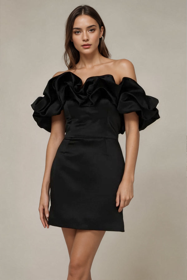 Off Shoulder Sleeveless Satin Homecoming Dress With Ruffles PD540 Pgmdress Off Shoulder Sleeveless Satin Homecoming Dress With Ruffles PD540 Pgmdress