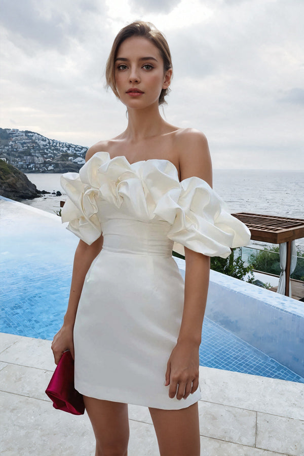 Off Shoulder Sleeveless Satin Homecoming Dress With Ruffles PD540 US8 / White Off Shoulder Sleeveless Satin Homecoming Dress With Ruffles PD540 US8 / White