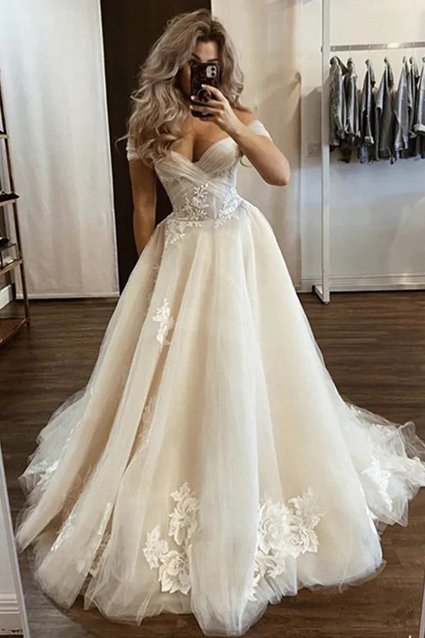Off The Shoulder Champagne Tulle Wedding Gown Floral Wedding Dress WD713-Pgmdress
