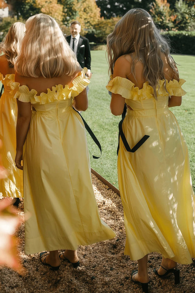 Off The Shoulder Ruffles Satin Yellow Long Bridesmaid Dress