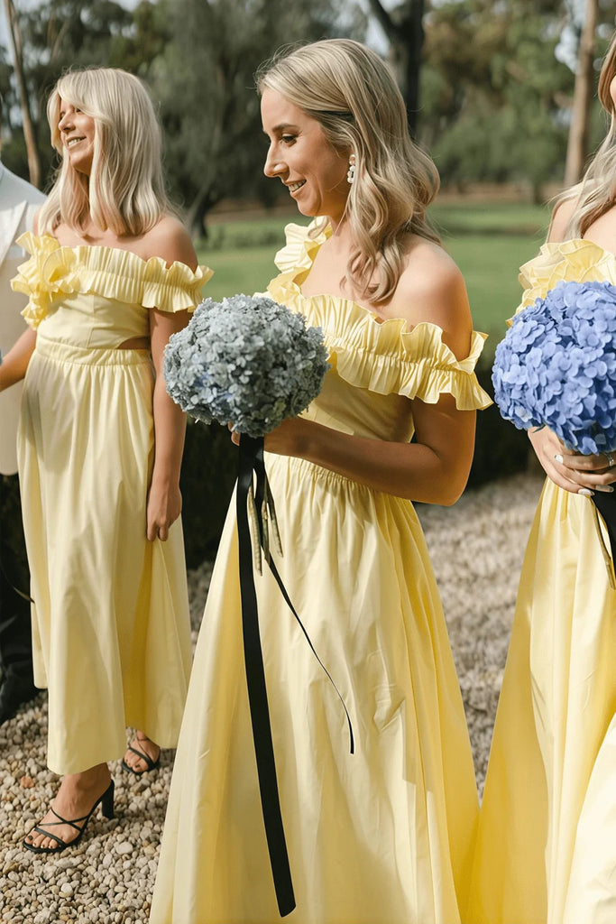 Off The Shoulder Ruffles Satin Yellow Long Bridesmaid Dress