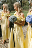 Off The Shoulder Ruffles Satin Yellow Long Bridesmaid Dress