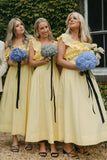 Off The Shoulder Ruffles Satin Yellow Long Bridesmaid Dress