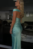 Off The Shoulder Simple Sheath Satin Aqua Long Prom Dress PSK709-Pgmdress