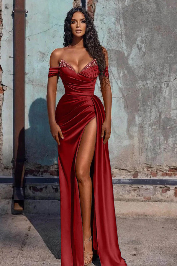 Off The Shoulder Mermaid Prom Dress High Slit Dress With Beading PSK566-Pgmdress