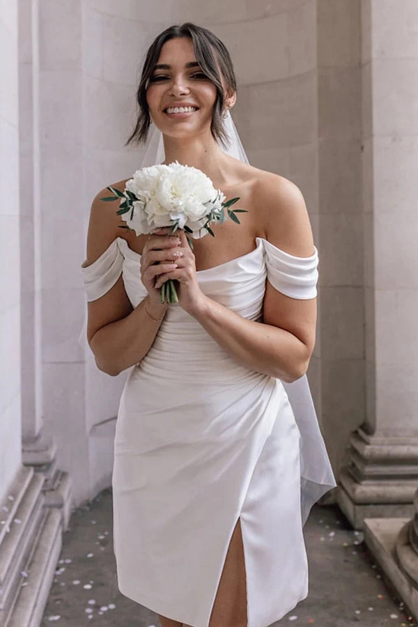 Schulterfreies Satin-Hochzeitskleid mit Wasserfallausschnitt, schlichtes kurzes Kleid WD778