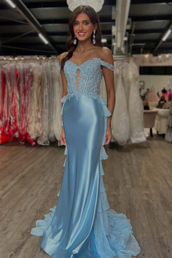 Off the Shoulder Corset Light Blue Prom Dress with Appliques PSK690 –  Pgmdress