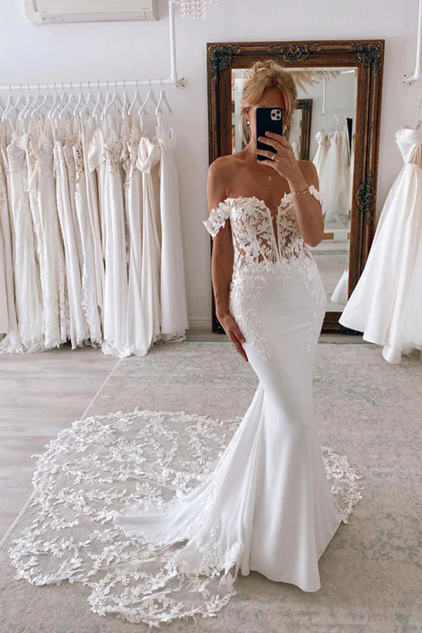 knee length dresses for ladies Off Shoulder Mermaid Wedding Dress with Scalloped Lace Train WD636 US12 / Custom Color