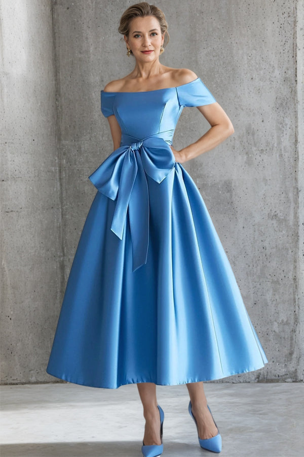 Off the Shoulder Satin Tea Length Blue Mother Of The Bride Dress with Bow-Pgmdress