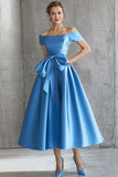 Off the Shoulder Satin Tea Length Blue Mother Of The Bride Dress with Bow-Pgmdress