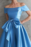 Off the Shoulder Satin Tea Length Blue Mother Of The Bride Dress with Bow-Pgmdress