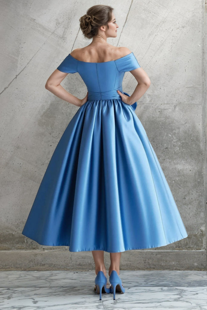 Off the Shoulder Satin Tea Length Blue Mother Of The Bride Dress with Bow-Pgmdress