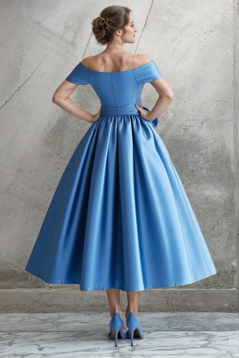 Off the Shoulder Satin Tea Length Blue Mother Of The Bride Dress with Bow-Pgmdress