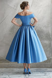 Off the Shoulder Satin Tea Length Blue Mother Of The Bride Dress with Bow-Pgmdress