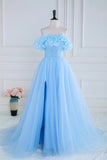 Robe de bal en tulle bleu à épaules dénudées et sans bretelles, coupe trapèze, PSK474