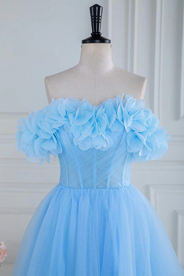 Off the Shoulder Strapless Flower A-Line Tulle Blue Prom Dress PSK474-Pgmdress