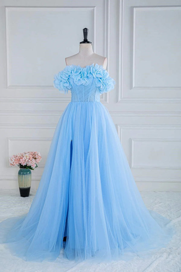 Off the Shoulder Strapless Flower A-Line Tulle Blue Prom Dress PSK474 –  Pgmdress