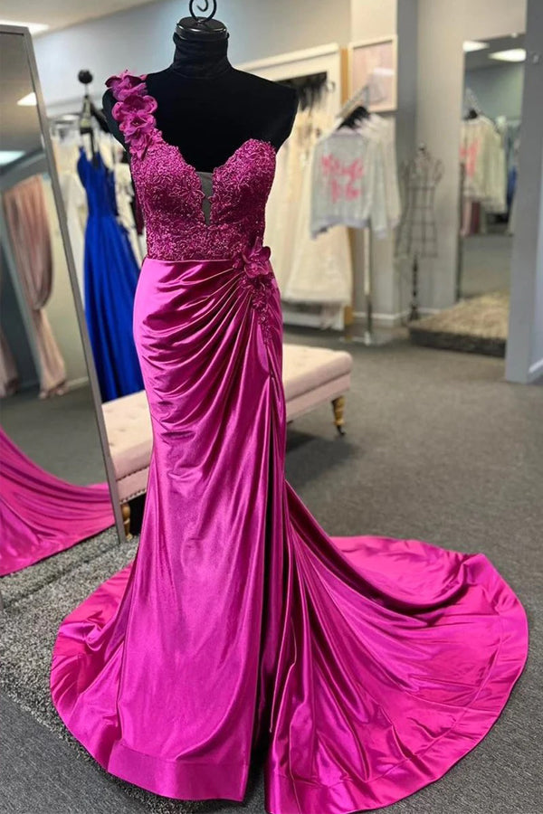 One-Shoulder 3D Floral Lace Pleated Red Prom Gown with Slit PSK496-Pgmdress