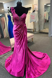 One-Shoulder 3D Floral Lace Pleated Red Prom Gown with Slit PSK496-Pgmdress