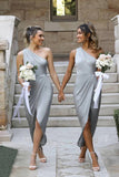 One Shoulder Asymmetrical Silver Bridesmaid Dress BD119-Pgmdress