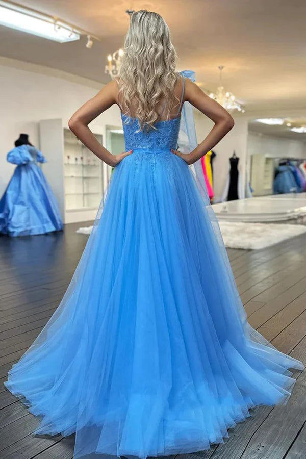 One Shoulder Blue Lace Long Prom Dresses with Slit PSK537-Pgmdress
