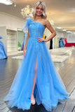 Robe de bal longue en dentelle bleue à une épaule avec fente PSK537