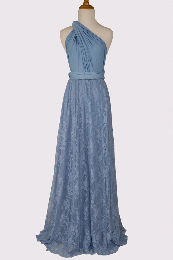One Shoulder Lace Blue Bridesmaid Dress Party Dress-Pgmdress