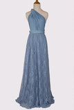 One Shoulder Lace Blue Bridesmaid Dress Party Dress-Pgmdress