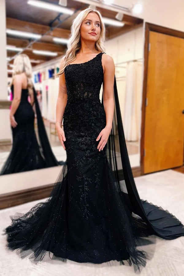 One Shoulder Mermaid Lace Black Prom Dress Formal Gown PSK567-Pgmdress