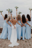 One Shoulder Sleeveless Light Blue Long Bridesmaid Dress With Slit-Pgmdress