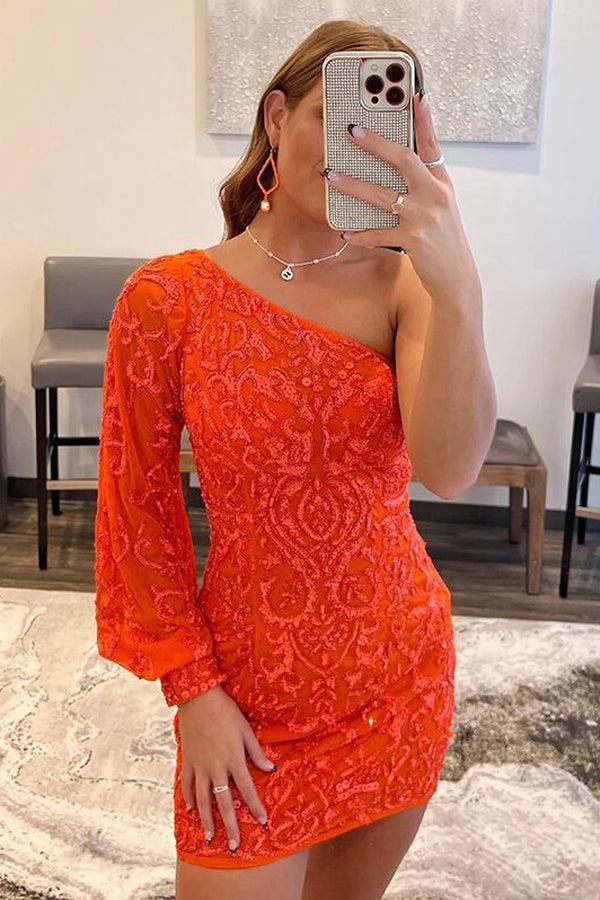 One Shoulder Tight Short Prom Dress Orange Homecoming Dress PD563 US6 / Orange One Shoulder Tight Short Prom Dress Orange Homecoming Dress PD563 US6 / Orange