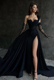 Robe de bal noire asymétrique, ligne A, fente haute, sans manches, PSK679