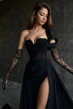 One Shoulder A-Line Chiffon High Slit Black Prom Dress Party Dress PSK679-Pgmdress