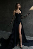 One Shoulder A-Line Chiffon High Slit Black Prom Dress Party Dress PSK679-Pgmdress