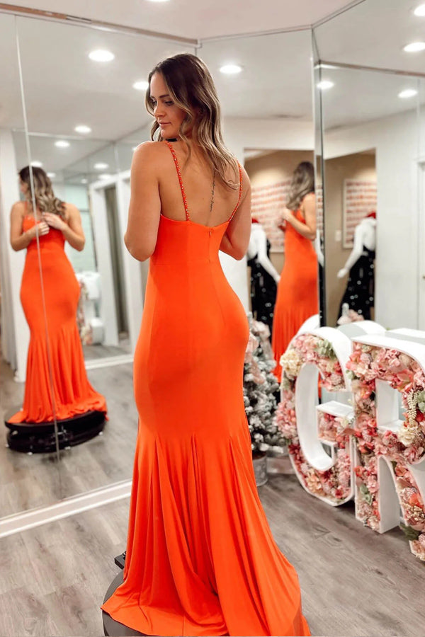 Orange Mermaid Spandex Prom Dresses Strap Formal Dress PSK536-Pgmdress