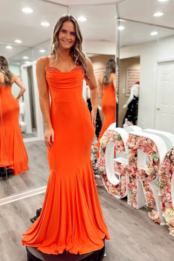 open lace back dress Mermaid Orange Satin Slit Prom Dresses With Beaded V-neck – alinanova main image 1