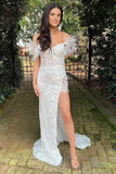 Mermaid Appliques Split Pink Prom Dress with Feathers PSK498