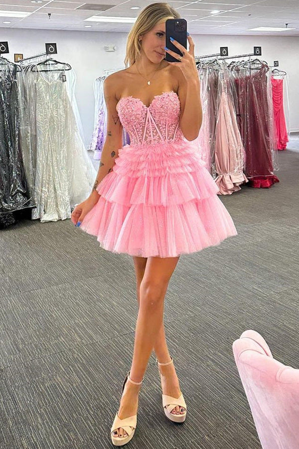 Appliques Strapless A-Line Multi-layers Pink Homecoming Dress Pd502 US0 / Pink Appliques Strapless A-Line Multi-layers Pink Homecoming Dress Pd502 US0 / Pink