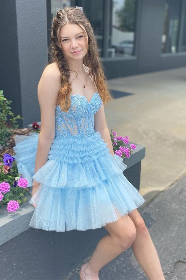 Appliques Strapless A-line Multi-Layers Pink Homecoming Dress PD502 US12 / Blue Appliques Strapless A-line Multi-Layers Pink Homecoming Dress PD502 US12 / Blue