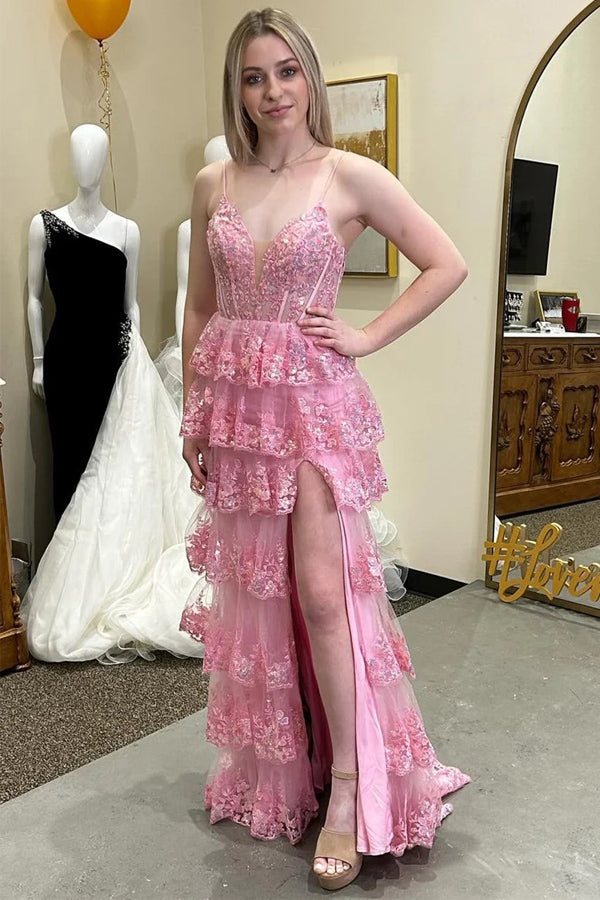 Pink Glitter Lace Appliques Ruffle Tiered Long Dress with Slit  PSK499-Pgmdress