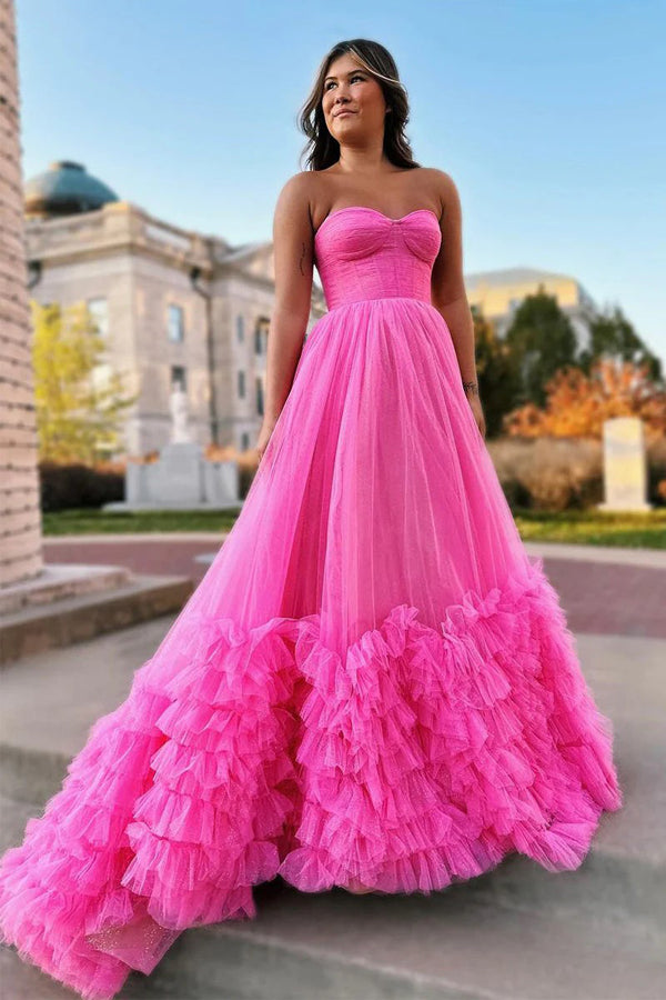 Sweetheart Tulle Pink Long Prom Dress Princess Party Dress PSK475 US10 / Custom Color Sweetheart Tulle Pink Long Prom Dress Princess Party Dress PSK475 US10 / Custom Color