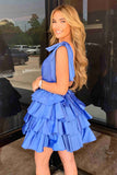 Plunging Neck Bow Sleeves Tiered Blue Homecoming Dress PD511-Pgmdress